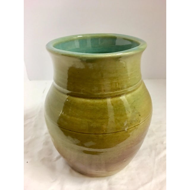 Olive Vintage Ceramic Vase With Aqua Interior For Sale - Image 8 of 10