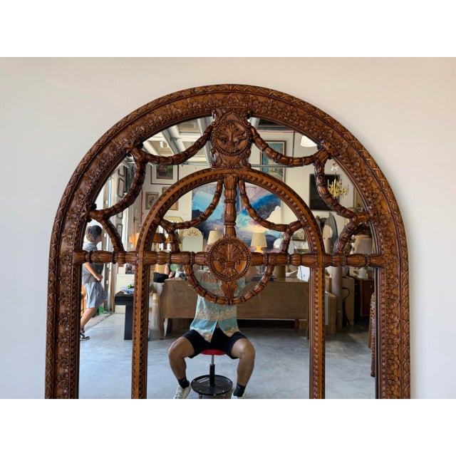 Large John Richard Hand-Carved Walnut Arched Wall Mirror With Ornate Garland Motif For Sale - Image 11 of 12