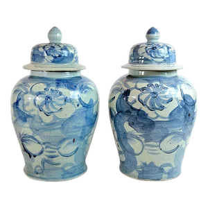 Large Chinoiserie Blue and Bone White Abstract Temple Jars - a Pair