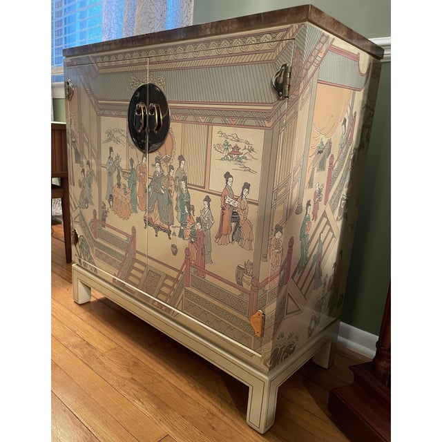 Cream Vintage 1978 Drexel Heritage "Et Cetera" Chinoiserie Cabinet & Matching Mirror - 2 Piece Set (Model 584-835 & 584-836) For Sale - Image 8 of 17