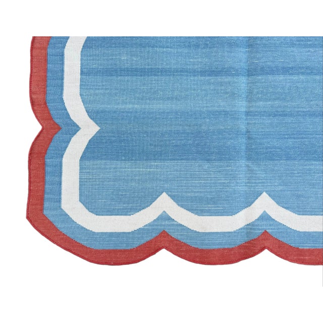 Handmade Cotton Area Rug Natural Vegetable Dyed Flat Weave Sky Blue Terracotta Border Four Side Scalloped Dhurrie - 8'x10' For Sale - Image 10 of 11