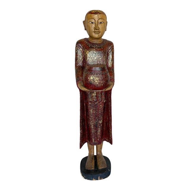 Vintage Buddha Buddhist Carved Wood Burmese Thai Monk Statue For Sale