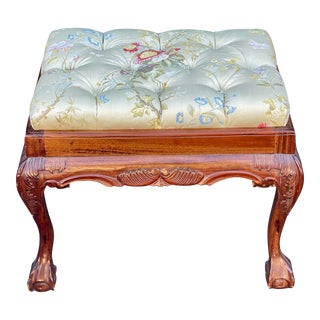 Antique Carved Rosewood Ottoman Footstool with Scalamandre Lampas Tufted Seat For Sale