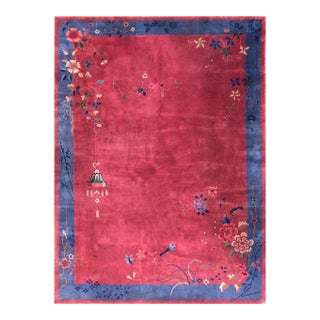 1920s Raspberry Pink Floral Antique Chinese Art Deco Carpet 9'10" X 13'6" Knotted Wool Rug For Sale