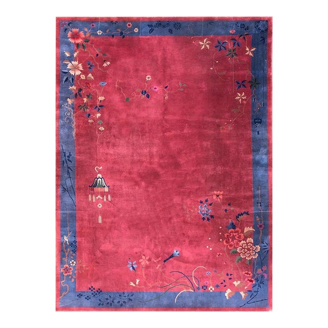 1920s Raspberry Pink Floral Antique Chinese Art Deco Carpet 9'10" X 13'6" Knotted Wool Rug For Sale
