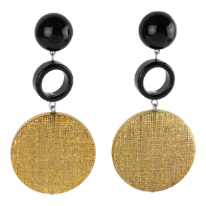 Angela Caputi Black and Gilded Resin Disk Dangle Clip Earrings- Set of 2