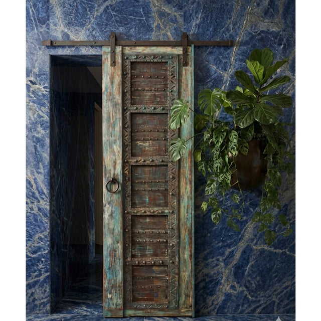 Wood Antique Distressed Blue Haveli Door – Rustic Hand-Carved Farmhouse Barn Door For Sale - Image 7 of 7