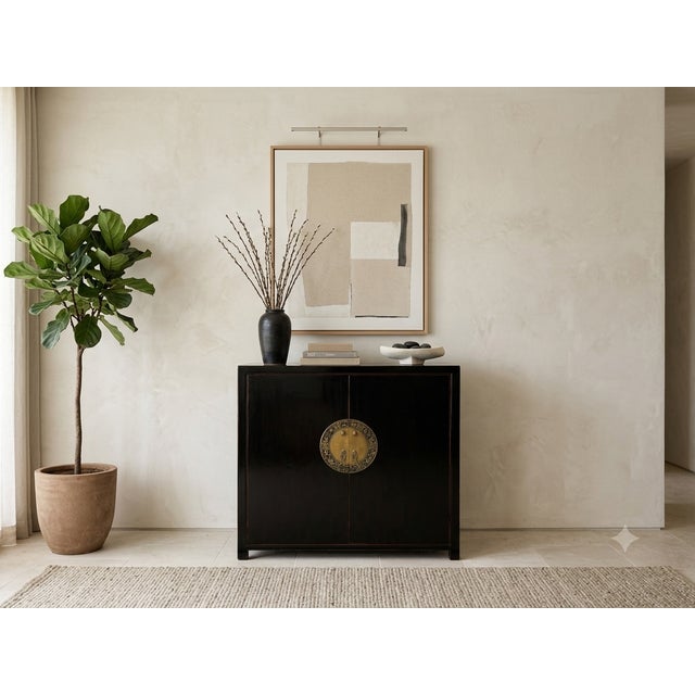 Oriental Black Lacquer Slim Round Moon Face Storage Cabinet For Sale - Image 4 of 13