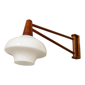 Mid-Century Modernist Milk Glass & Teak Swing Arm Wall Sconce W/ Brass Fittings
