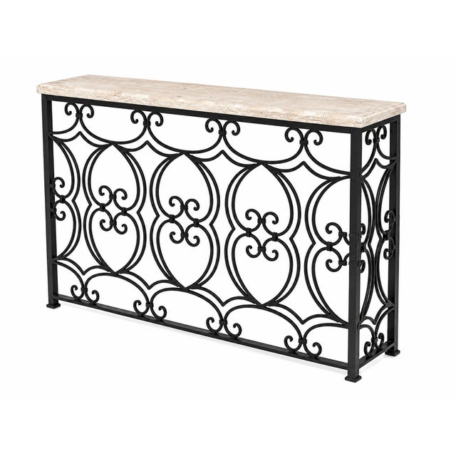 Modern Ornate Iron Console With Cream Travertine Top For Sale - Image 3 of 3