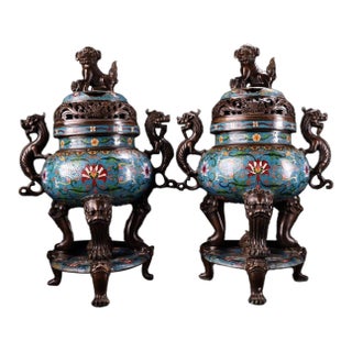 Late 20th Century Pair of Gilt Bronze Cloisonné Enamel Incense Burners With Lion Finials For Sale