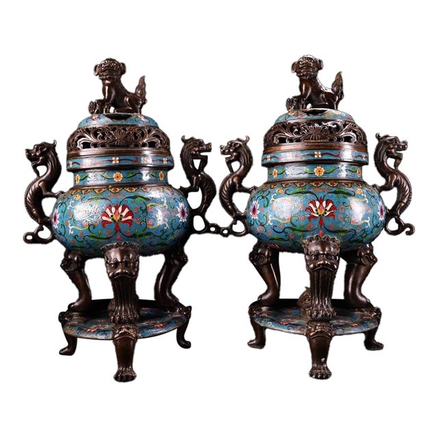 Late 20th Century Pair of Gilt Bronze Cloisonné Enamel Incense Burners With Lion Finials For Sale