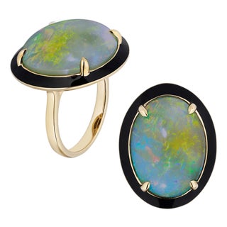 Black Opal Cabochon Ring with Enamel, Size 7 For Sale