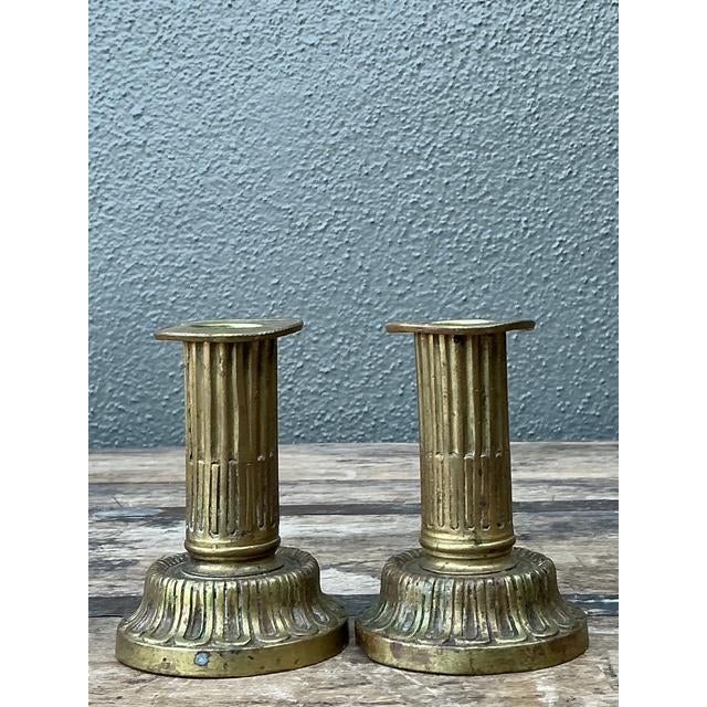 Neoclassical Vintage French Empire Brass Candlesticks - A Pair For Sale - Image 3 of 12