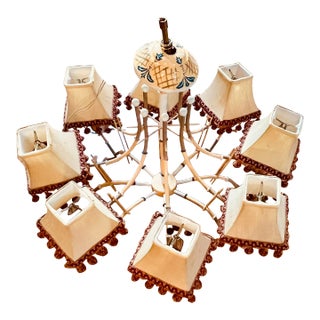 Late 20th Century Painted Chinoiserie Tole Faux Bamboo 8-Arm Chandelier For Sale