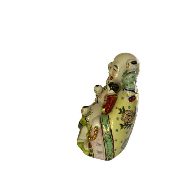 Chinese Large Vintage Chinese Famille Rose Porcelain 11.25" Laughing Buddha 5 Children Statue China 1960s-1980s For Sale - Image 3 of 8