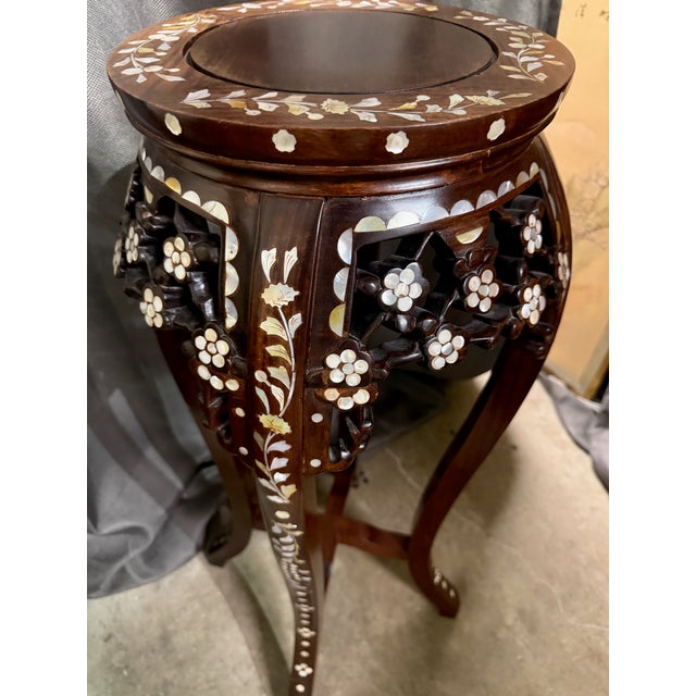 Wood Late 20th Century Chinese Rosewood Plant Stand With Mother-of-Pearl Floral Detail For Sale - Image 7 of 8
