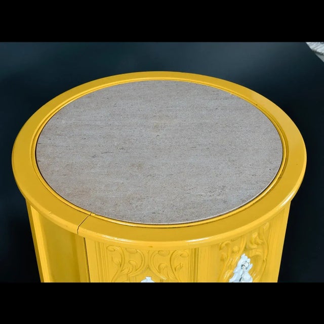 Yellow 1970s Yellow and White Round Travertine Top Side Tables With Storage For Sale - Image 8 of 12