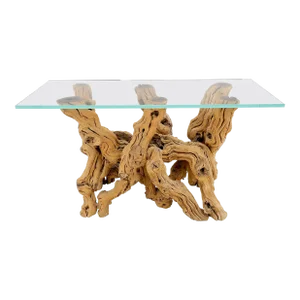 Large Varnished Driftwood Organic Base Rectangle Glass Top Console Table