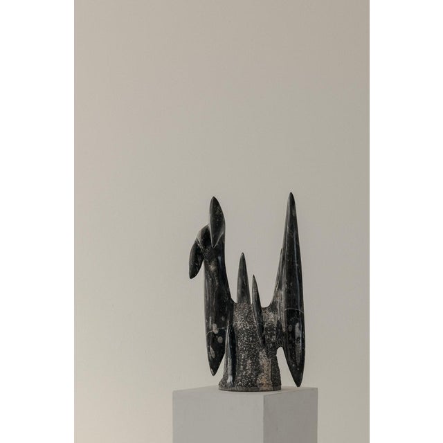 Heavy and sharp shaped sculpture made out of black fossil nature stone.