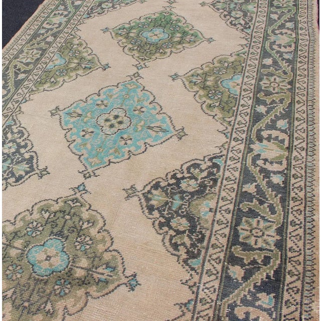 Textile Turkish Oushak Runner With Medallion Design in Dark Blue, Blush, Aqua and Green For Sale - Image 7 of 12