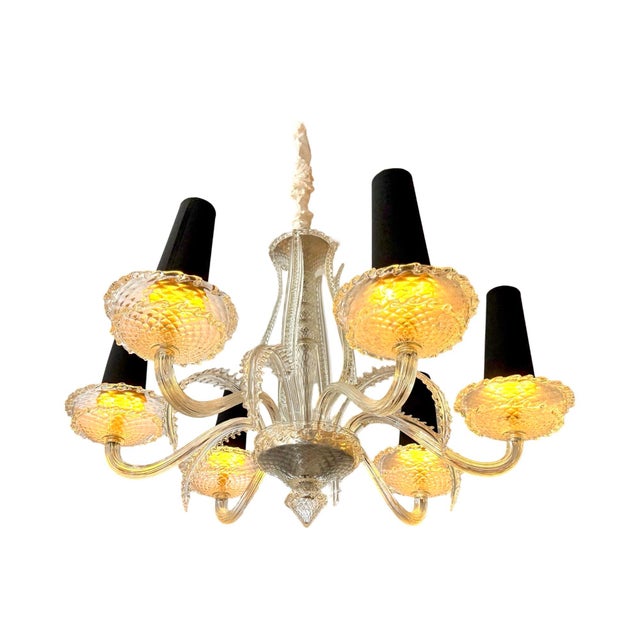This translucent blown glass chandelier with six sconces dates back to the late 1930s and early 1940s. It was produced by...