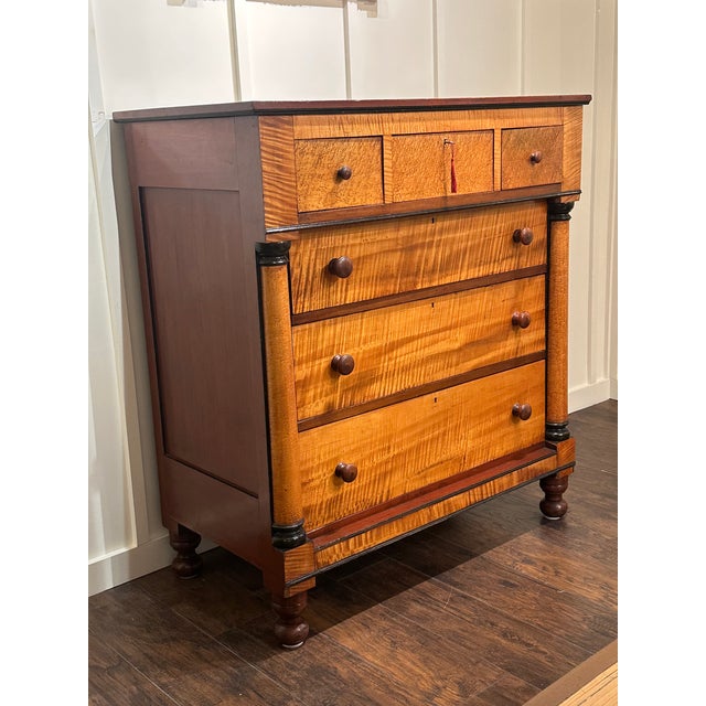 Brown American Empire Curly and Bird’s Eye Maple Chest, Circa 1830. For Sale - Image 8 of 15