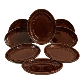 1950s Mid-Century Modern Mar - Crest Daisy Dot Onion Dinner Plate Brown Glaze - Set of 12 For Sale