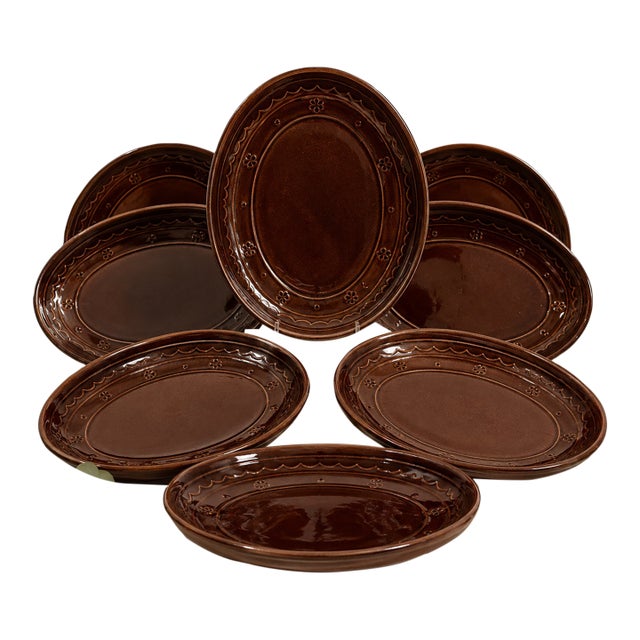 1950s Mid-Century Modern Mar - Crest Daisy Dot Onion Dinner Plate Brown Glaze - Set of 12 For Sale