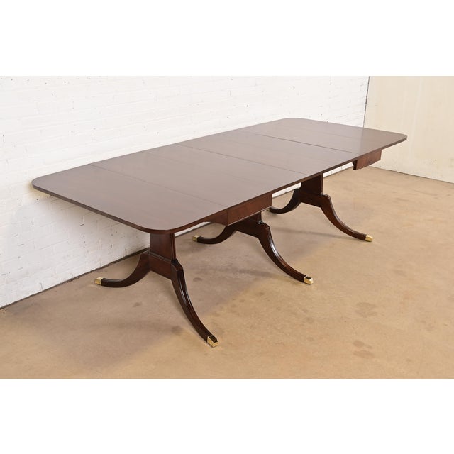 English Drexel Regency Carved Mahogany Drop-Leaf Triple Pedestal Extension Dining Table, Newly Refinished For Sale - Image 3 of 17