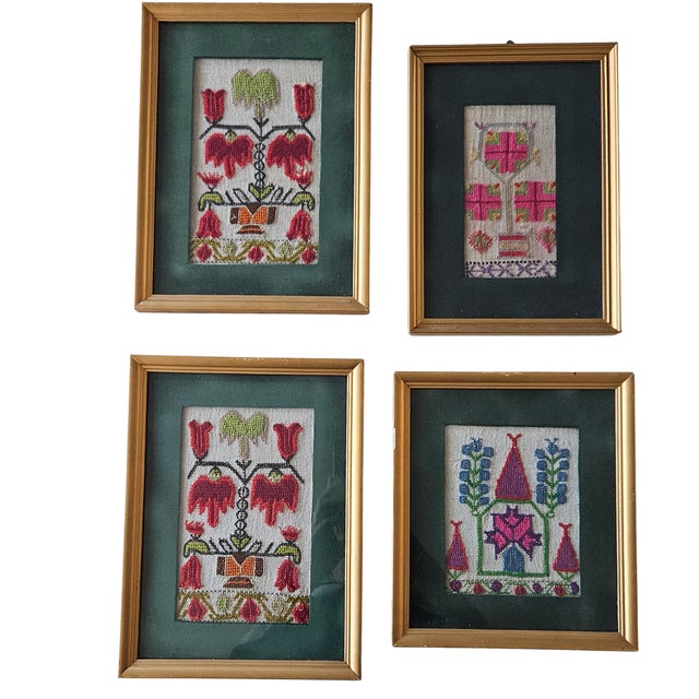 Set of Four Vintage Turkish Folk Art Needlepoint Textile Panels For Sale - Image 9 of 17
