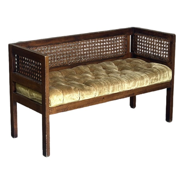 1970s Walnut and Cane Window Bench For Sale