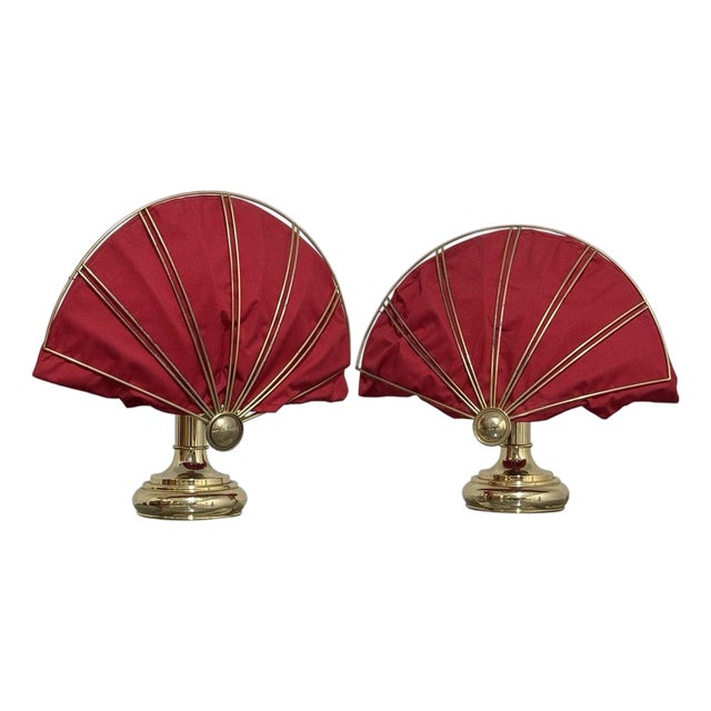 Hollywood Regency Brass Fan Table Lamps, 1970s, Set of 2 For Sale
