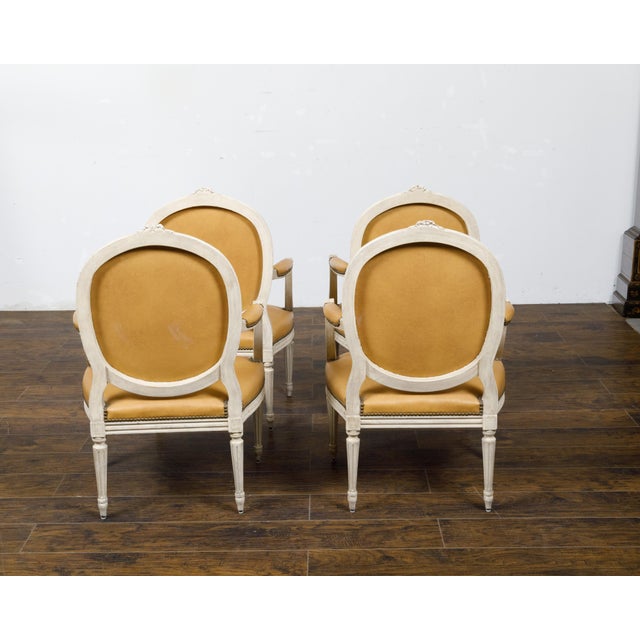 French Set of Four French Louis XVI Style 1900s Oval Back Painted and Carved Armchairs For Sale - Image 3 of 12