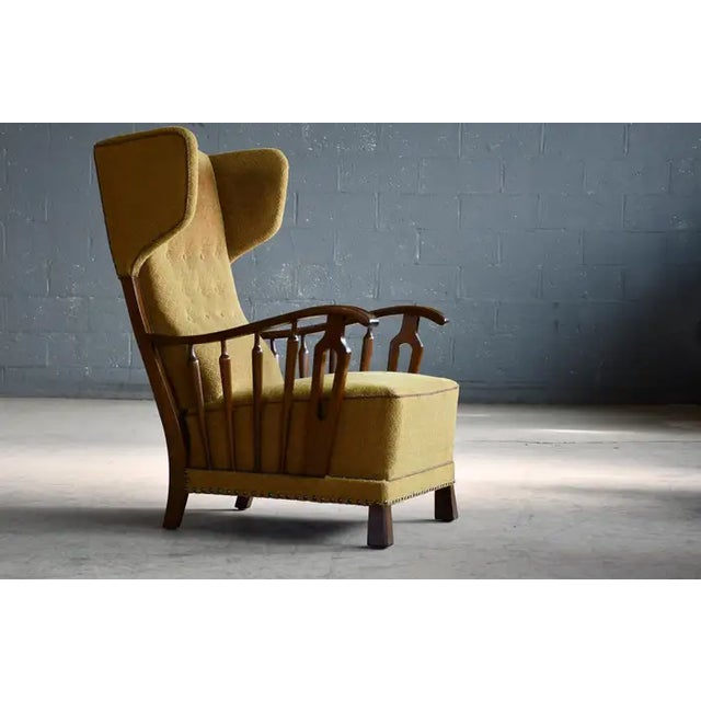 1940s Danish Modern 1950s Highback Lounge Wing Chair With Wooden Armrests For Sale - Image 5 of 8