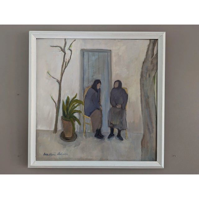 AFTERNOON CONVERSATION Oil on Canvas Size: 17.5 x 17.5 inches (including frame) A very pleasant mid-century figurative...