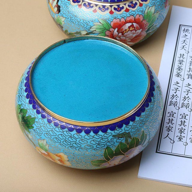 Pair of Vintage Cloisonné Enamel Round Boxes – Peony & Butterfly Motif, Light Blue Ground For Sale In Los Angeles - Image 6 of 7