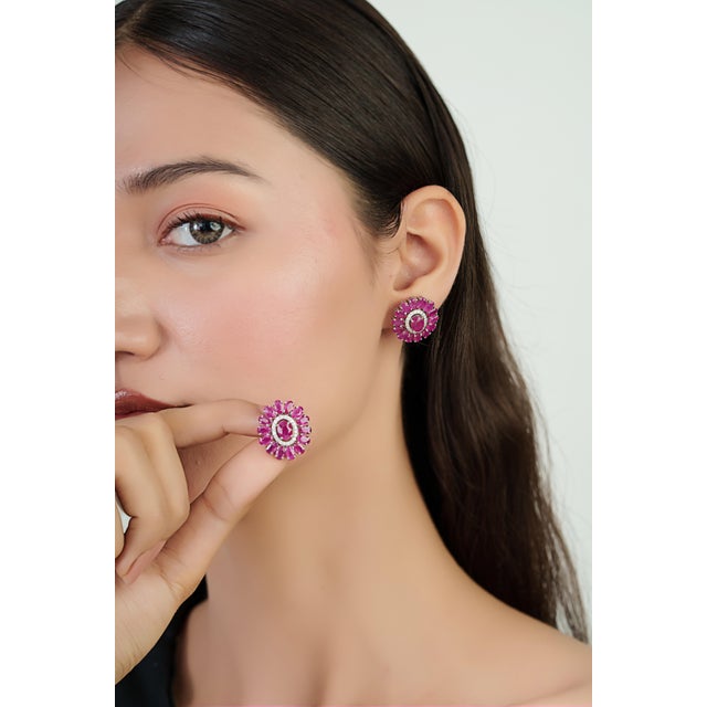 Luxury 10.21ct Ruby Bloom Diamond Halo Statement Stud Earrings in 14k Gold- A Pair For Sale In New York - Image 6 of 16