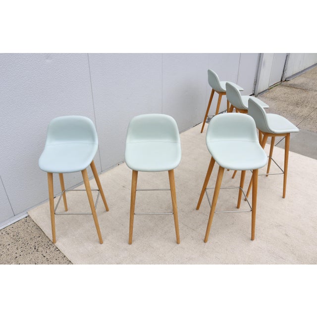 Wood Danish Iskos-Berlin for Muuto Blue Leather Fiber Bar Stools Wood Base - Set of 6 For Sale - Image 7 of 18