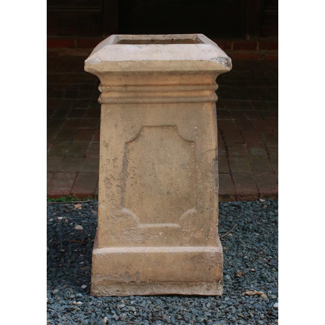 Antique square plinth form chimney pot, English. Beige terracotta. Neoclassical design with opposing square & rectangular...
