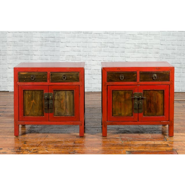 Chinese Antique Red Lacquer Small Cabinets with Drawers and Doors - A Pair For Sale - Image 11 of 13