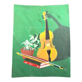1960s Still Life - Violin, Bow, Plant and Books Modern and Colorful. Red Book - 20th Century Book Keeping and Advertising. For Sale