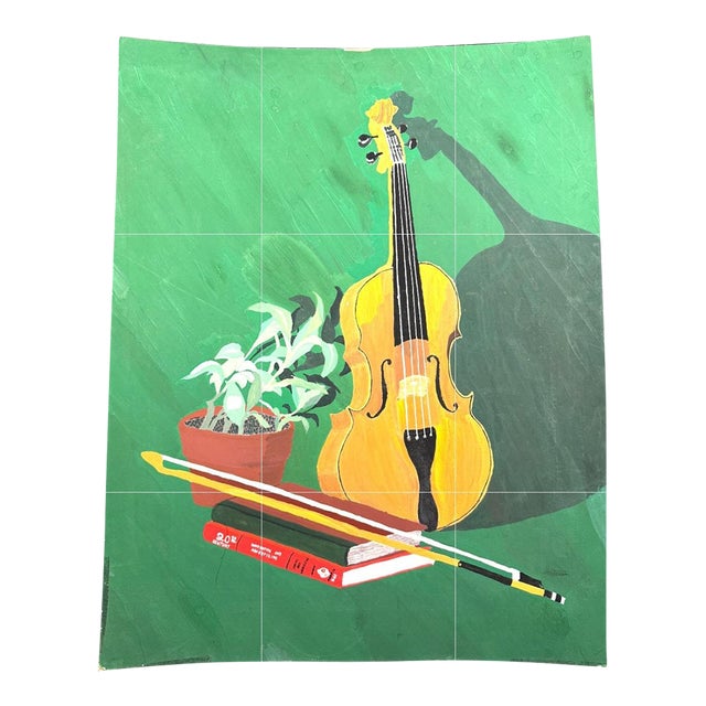 1960s Still Life - Violin, Bow, Plant and Books Modern and Colorful. Red Book - 20th Century Book Keeping and Advertising. For Sale