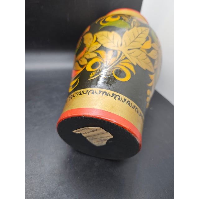 Mid-Century Modern Vintage Ussr Russian Folk Art Wood Floral Design Vase For Sale - Image 3 of 3