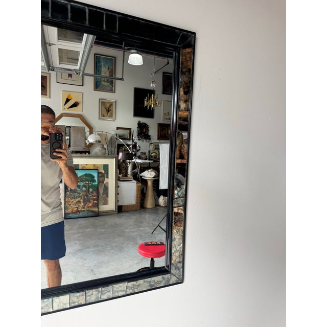 Wood 1960s Hollywood Regency Black Framed Distressed Wall Mirror For Sale - Image 7 of 12