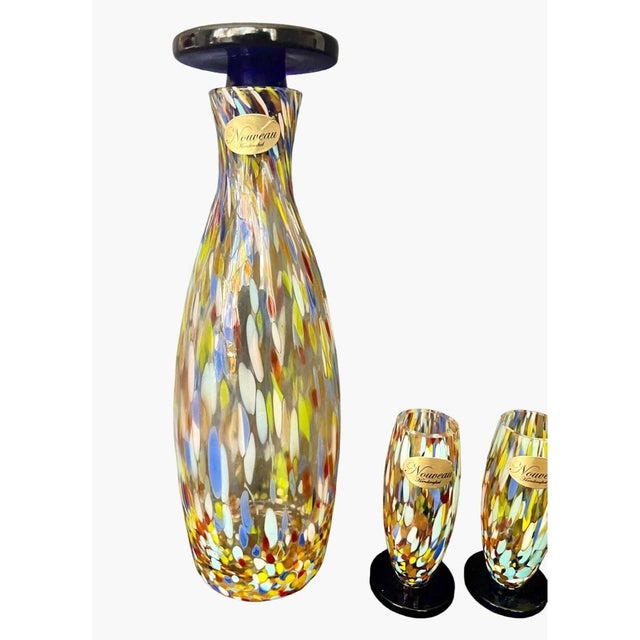 Decanter & Glasses Set by Nouveau Handcrafted - Murano Style Art Glass – Confetti Glass With Cobalt Accents, Decanter Stopper & 4 Matching Glasses For Sale - Image 4 of 9