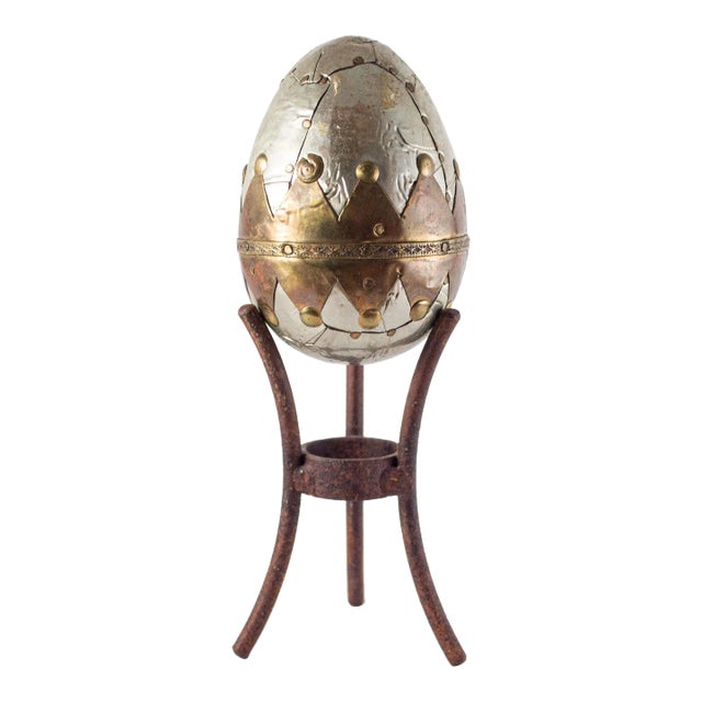 Decorative Sculptural Metal Egg on Tripod Stand For Sale