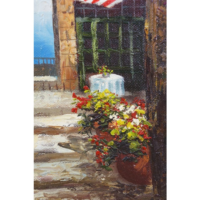 Late 20th Century Late 20th Century Timeless Treasures Mediterranean Courtyard Terrace Seascape Oil Painting 18" For Sale - Image 5 of 12
