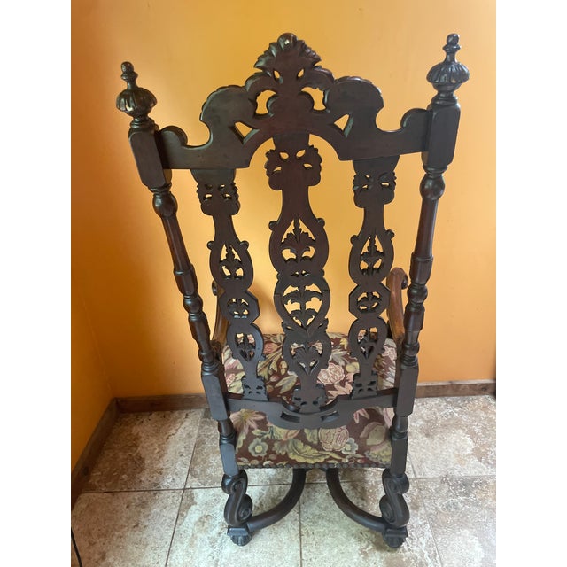 Late 19th Century Antique Gothic Jacobean Style Carved Ornate Walnut Throne Accent Chair For Sale - Image 5 of 11