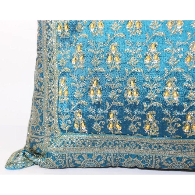 Turquoise Mughal Style Decorative Throw Pillow Embellished With Sequins and Beads For Sale In Palm Springs - Image 6 of 13